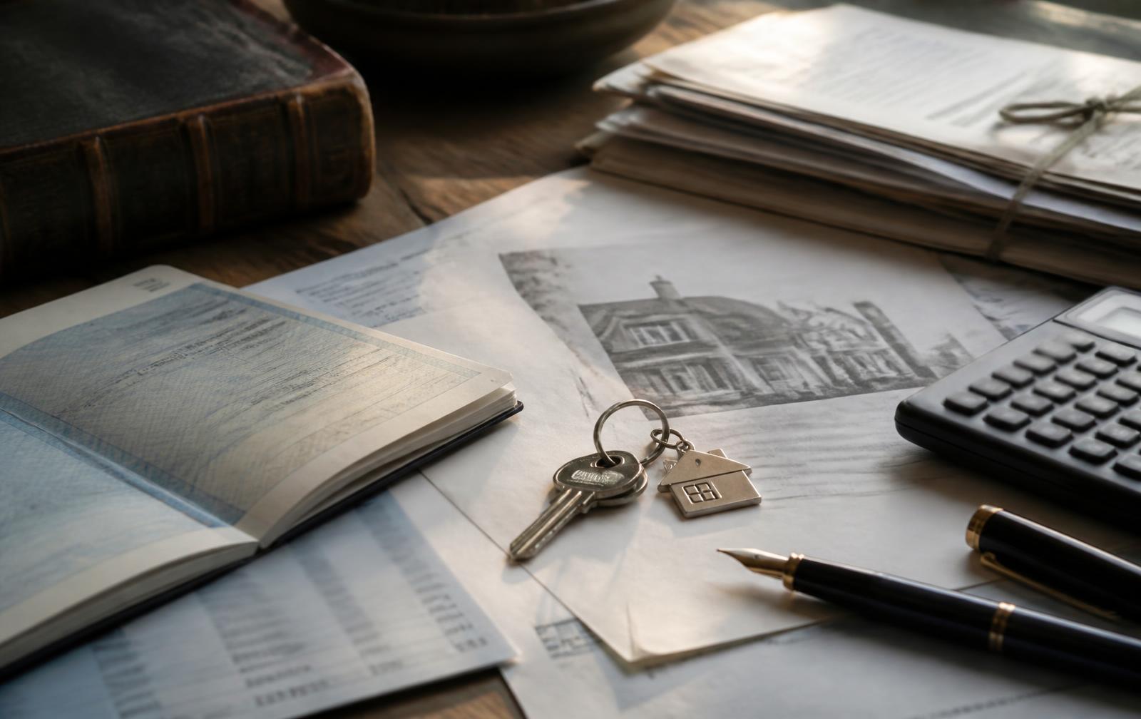 Editorial illustration of mortgage papers, a cheque book and a family-home key.