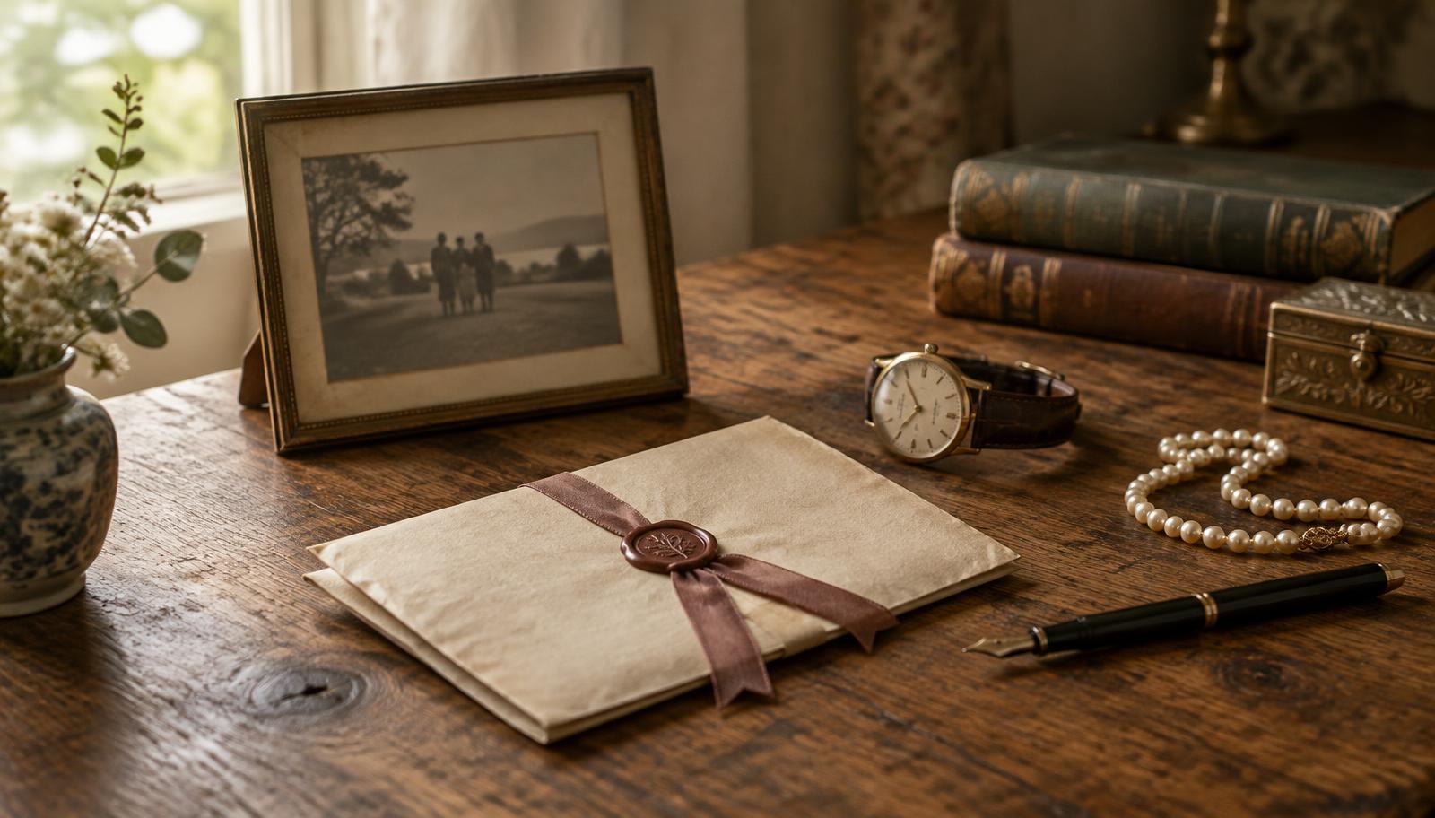 Editorial still life: a framed vintage family photograph, a sealed will tied with ribbon, a wristwatch, a pearl necklace and a fountain pen on an oak table. Illustrative only.
