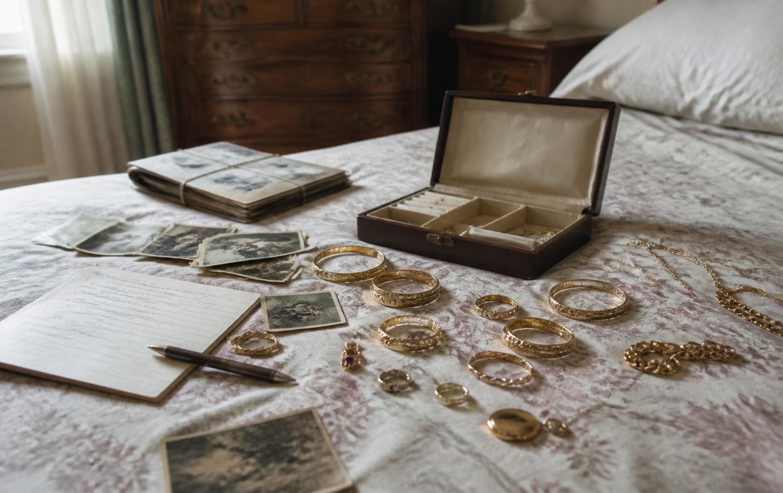 Editorial illustration representing jewellery being sorted as part of a family estate.