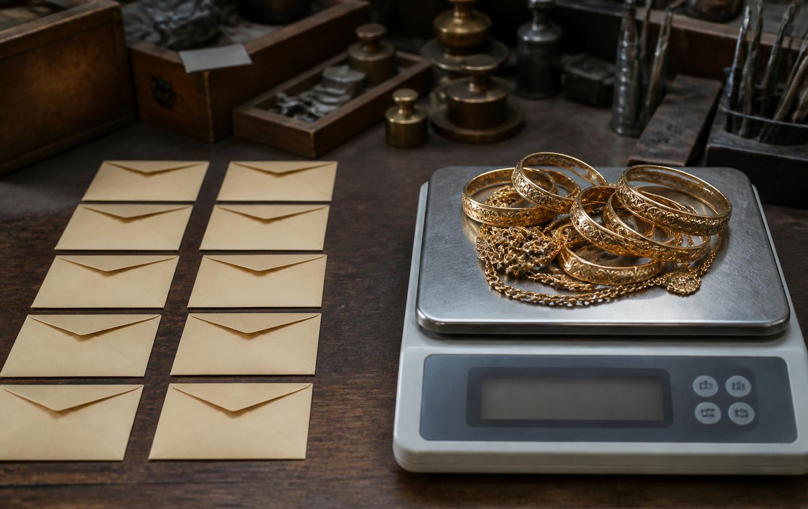 Editorial illustration of inherited gold jewellery on a jeweller's scale beside ten envelopes.