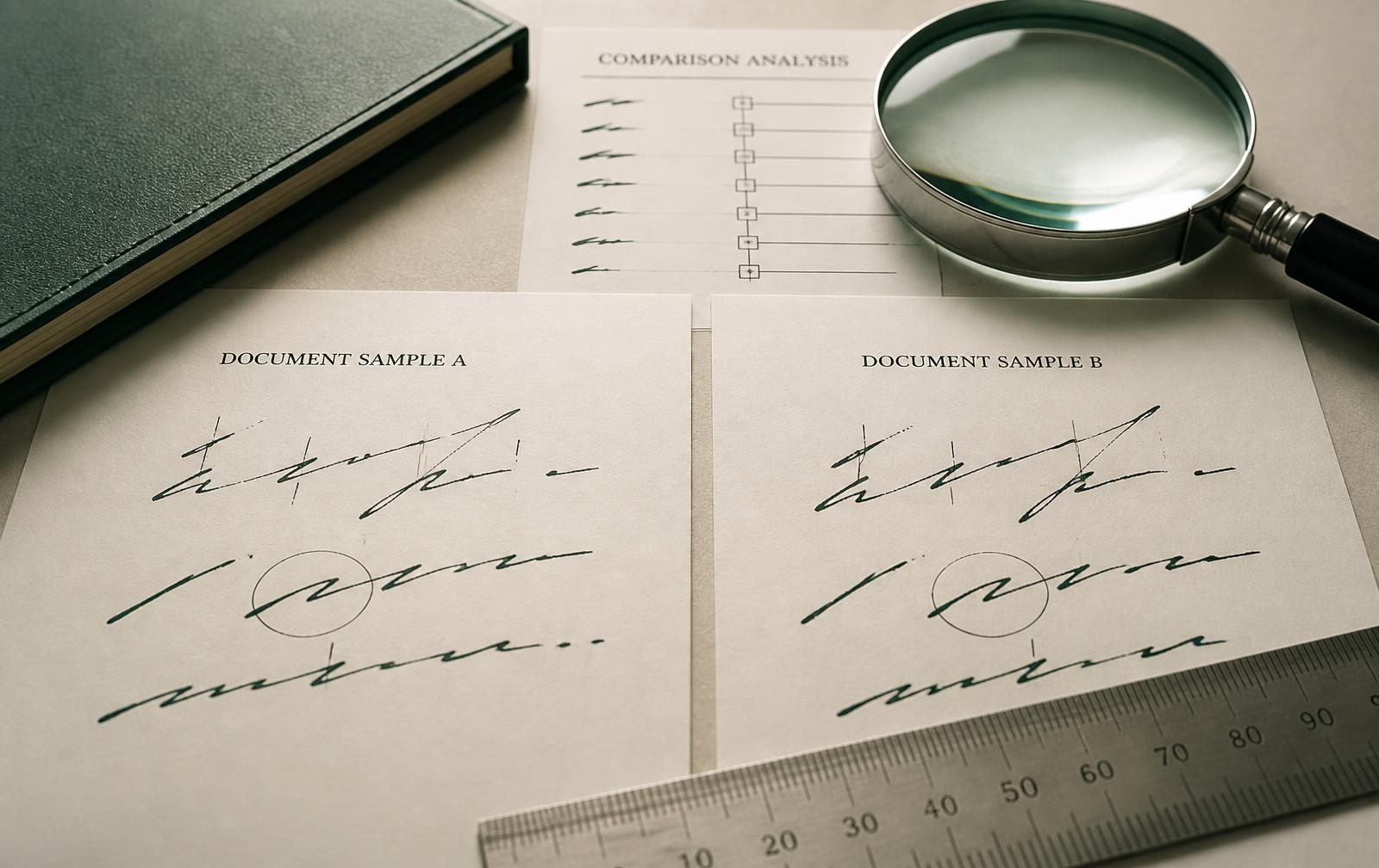 Editorial illustration of abstract handwriting samples being compared with a magnifying glass and ruler.