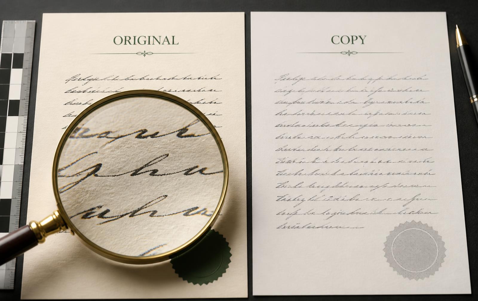 Editorial illustration comparing an original document with a copy under a magnifying glass.