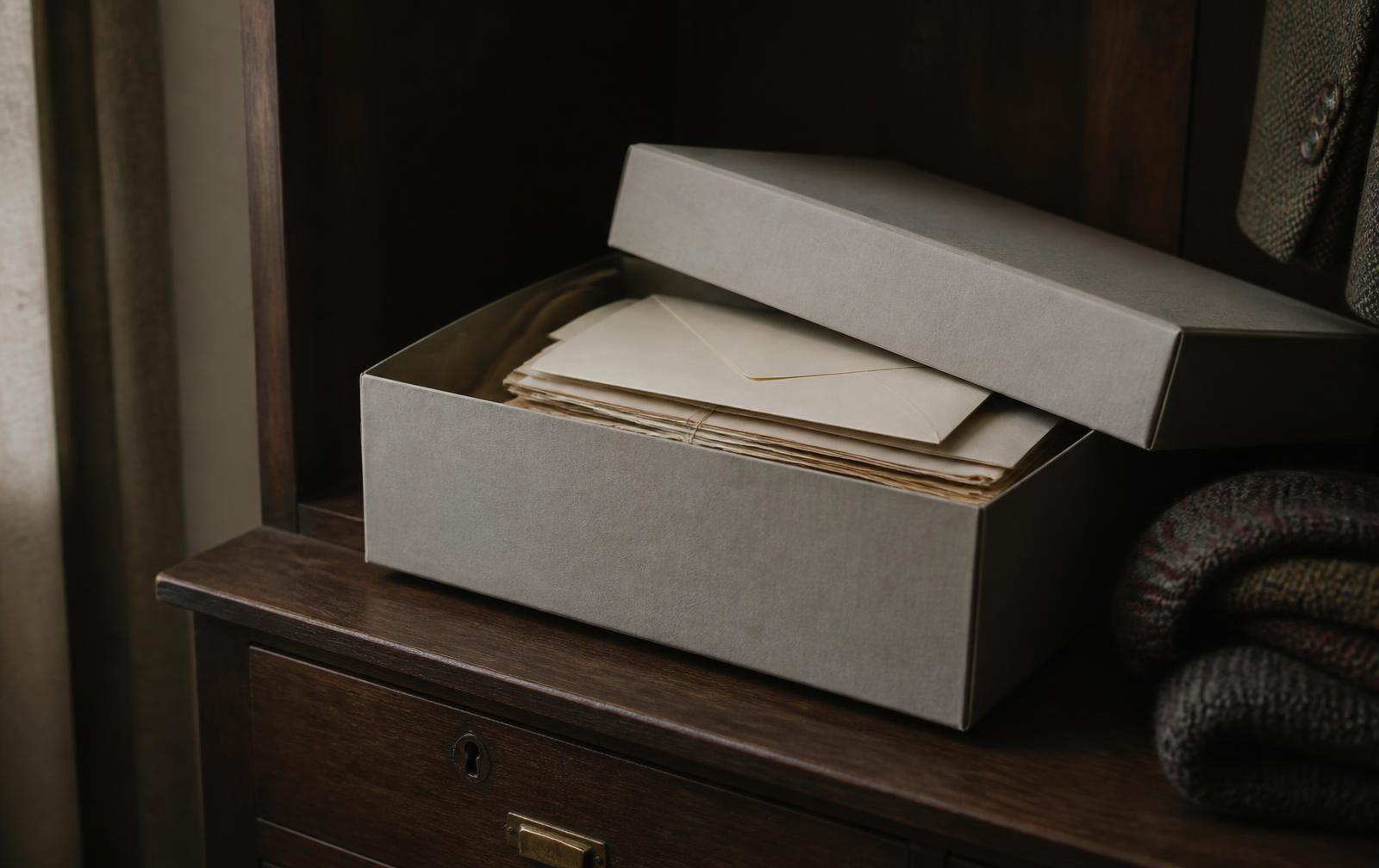 Editorial illustration of legal papers kept inside a plain shoebox on a wardrobe shelf.