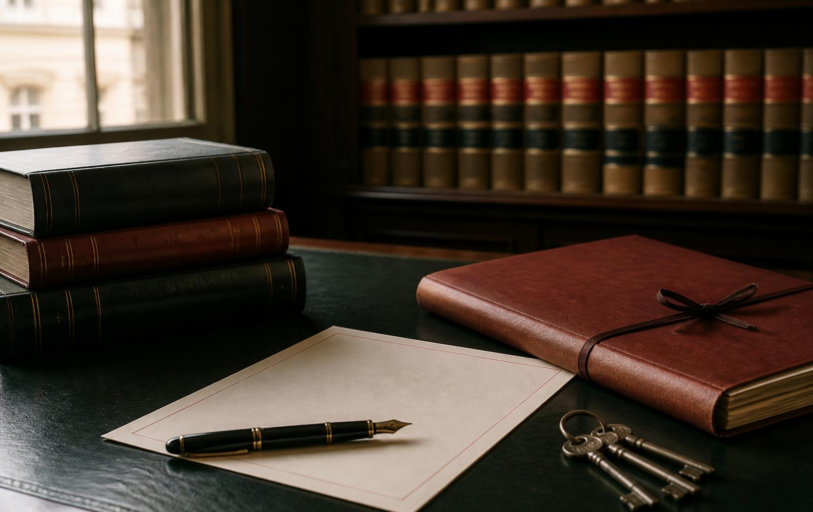Editorial still life of law books, an unsigned will, a legal file and office keys.